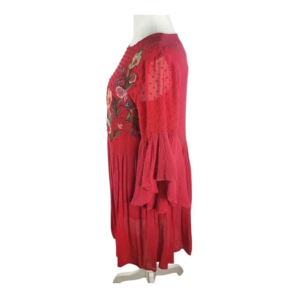 Umgee Red  Embroidered Floral Bell Sleeves Babydoll Dress Women's Small